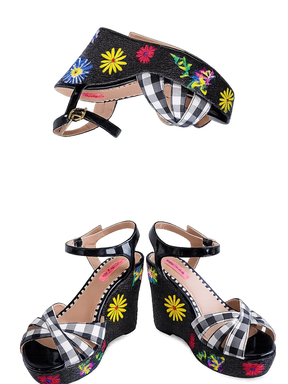 Betsey Johnson Spenser Floral Embroidered Gingham Platform Wedge Sandals Size 9 - Picture 4 of 12